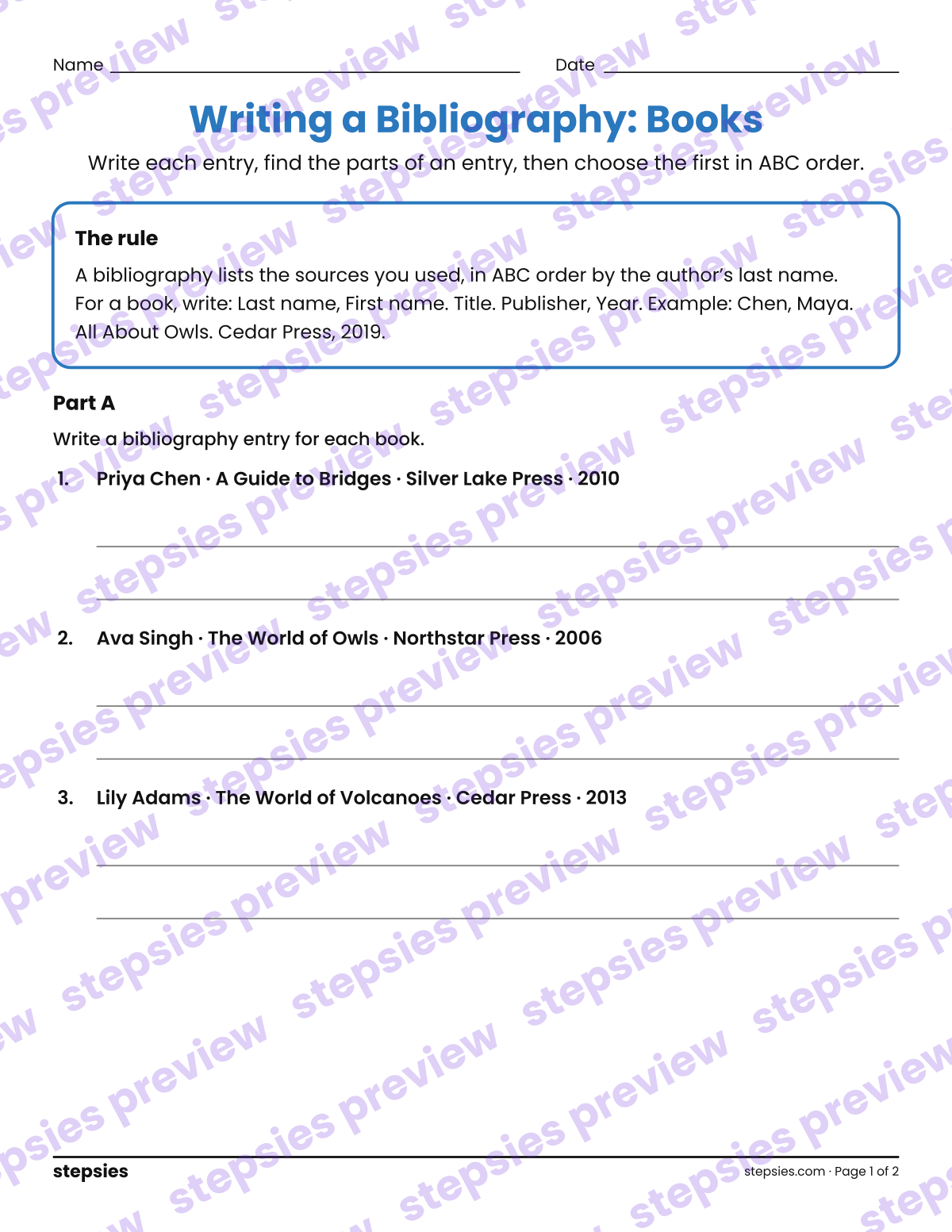 Writing a Bibliography: Books: page 1 of a printable Grades 4 and 5 Language worksheet