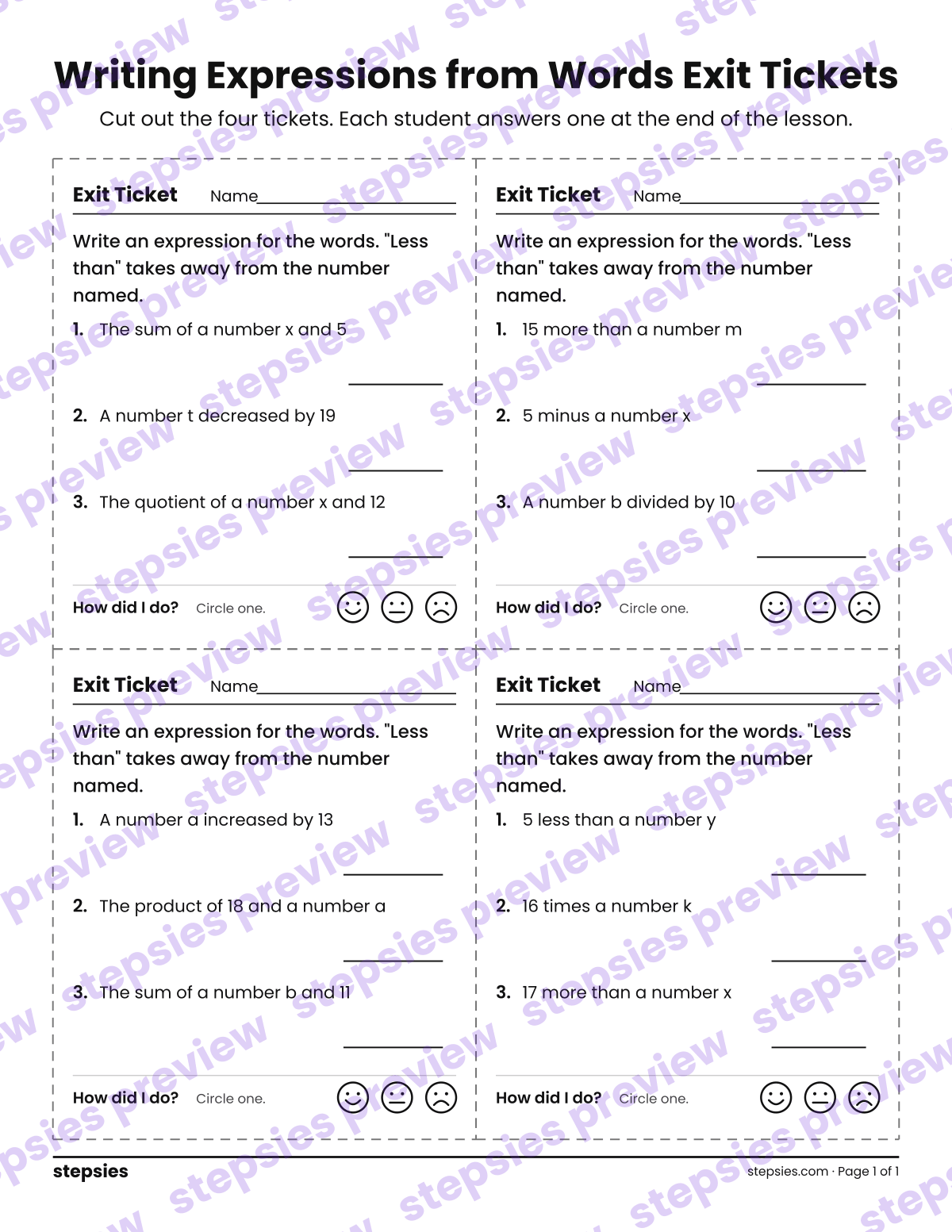 Writing Expressions from Words Exit Tickets: page 1 of a printable Grade 6 Math worksheet