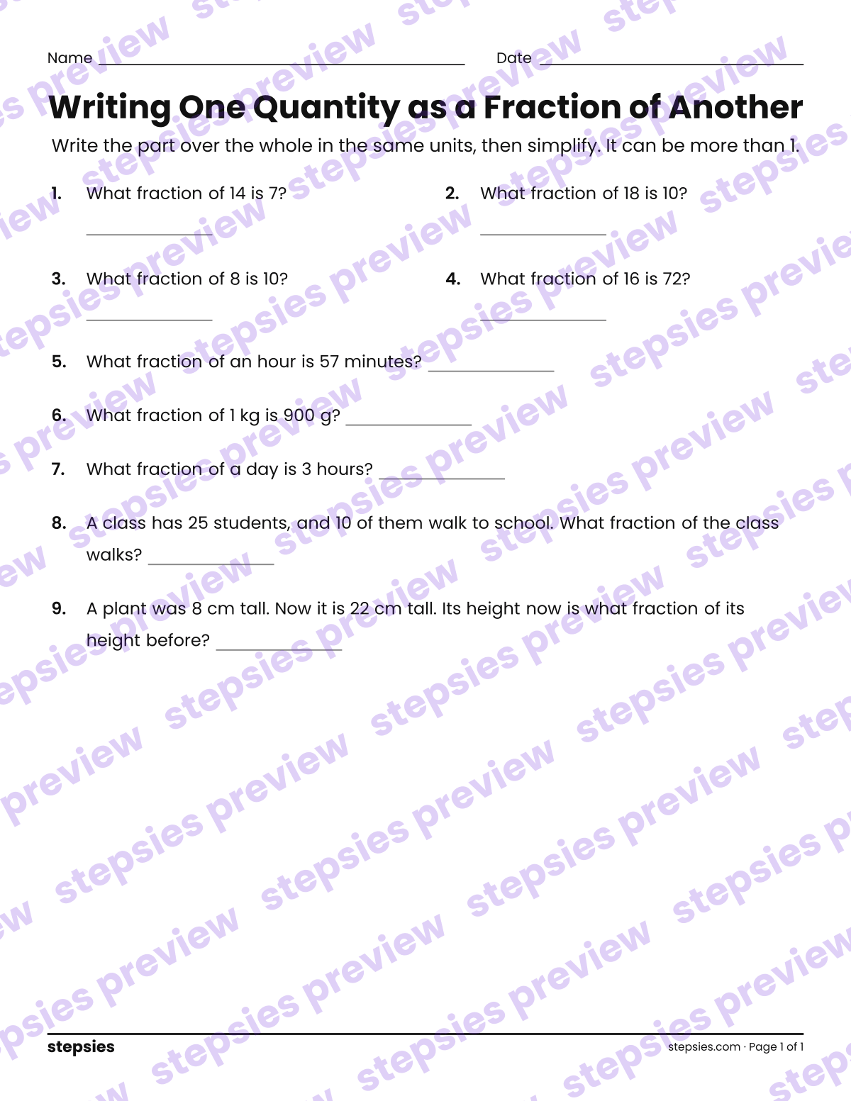 Writing One Quantity as a Fraction of Another: page 1 of a printable Grades 6 and 7 Math worksheet