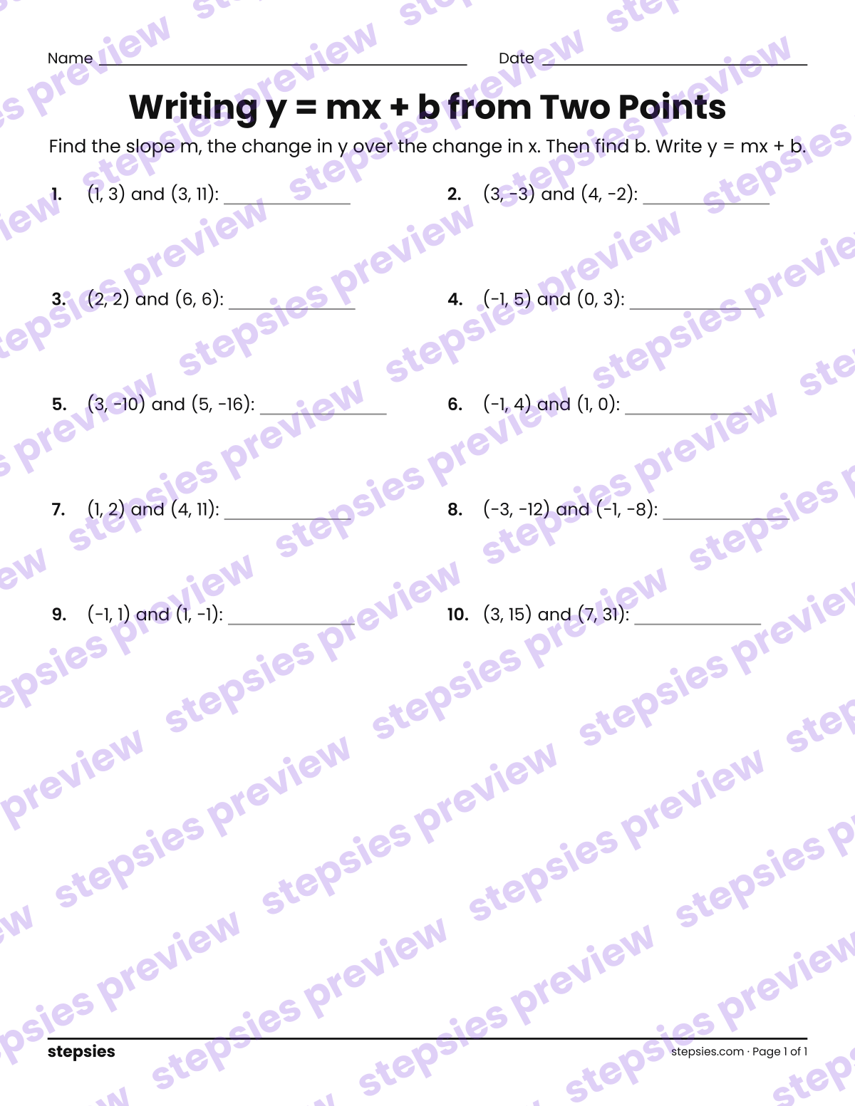 Writing y = mx + b from Two Points: page 1 of a printable Grade 8 Math worksheet